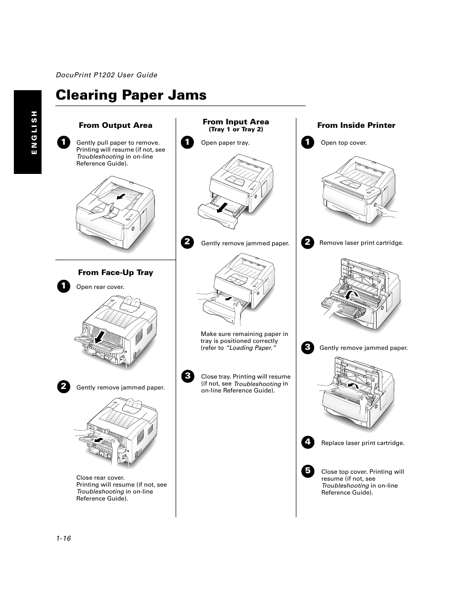 Clearing paper jams, Clearing paper jams -16 | Xerox DocuPrint P1202 User Manual | Page 16 / 24