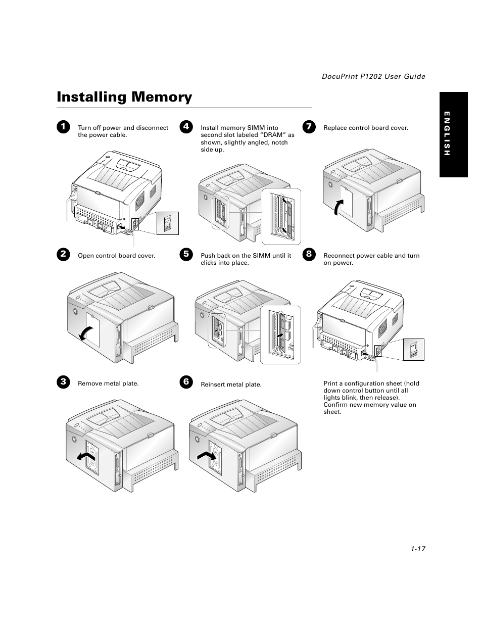 Installing memory, Installing memory -17 | Xerox DocuPrint P1202 User Manual | Page 17 / 24