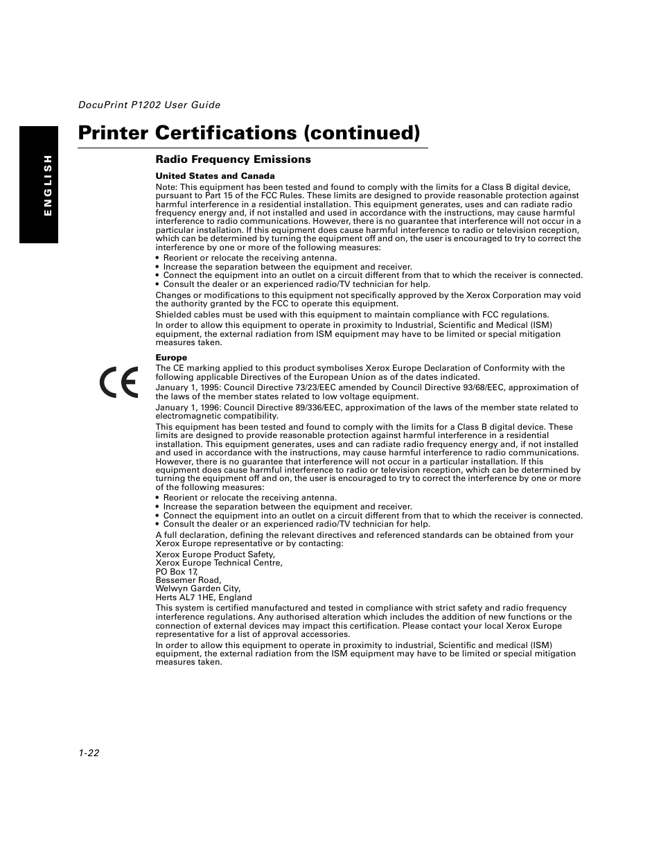 Printer certifications (continued) | Xerox DocuPrint P1202 User Manual | Page 22 / 24