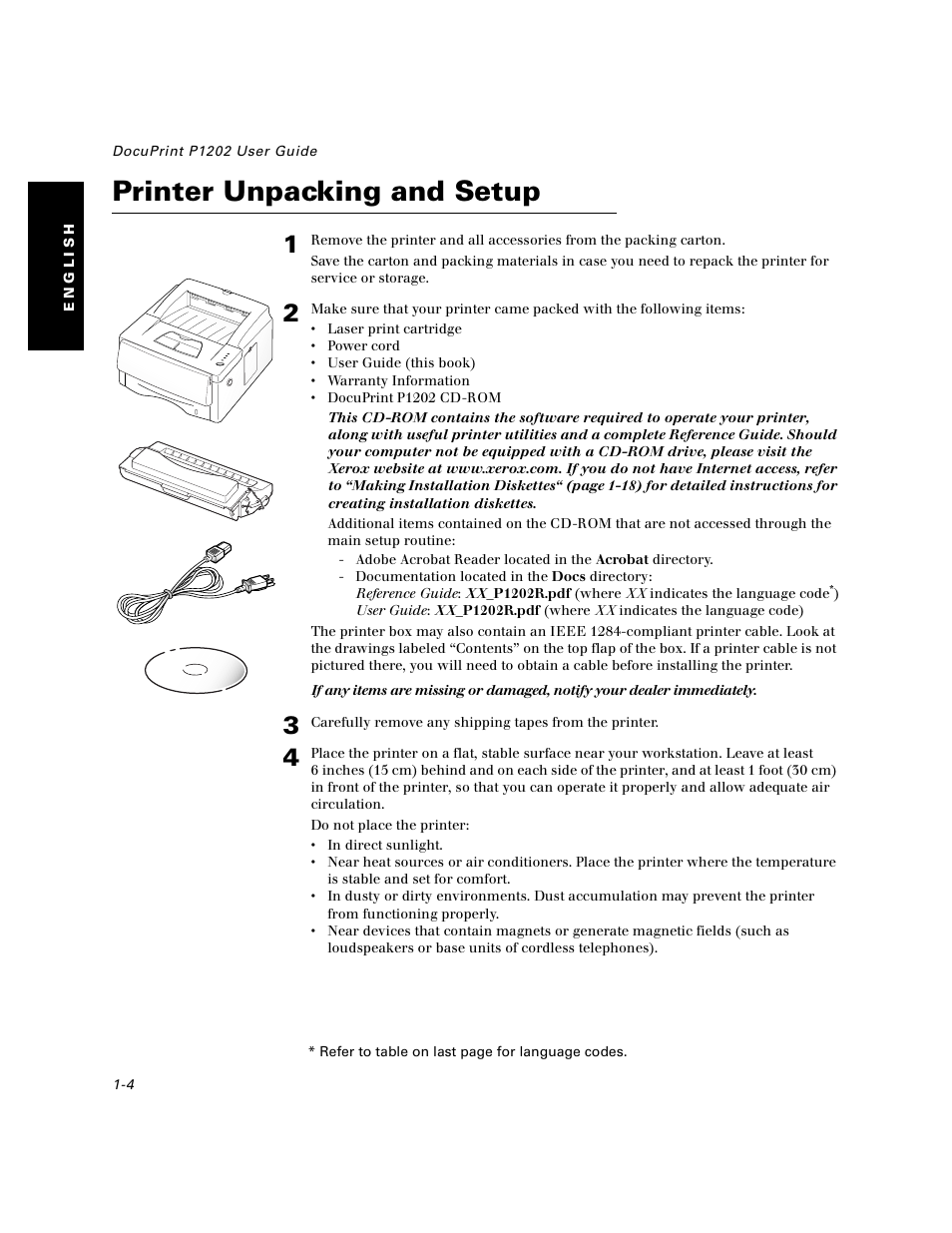 Printer unpacking and setup, Printer unpacking and setup -4 | Xerox DocuPrint P1202 User Manual | Page 4 / 24