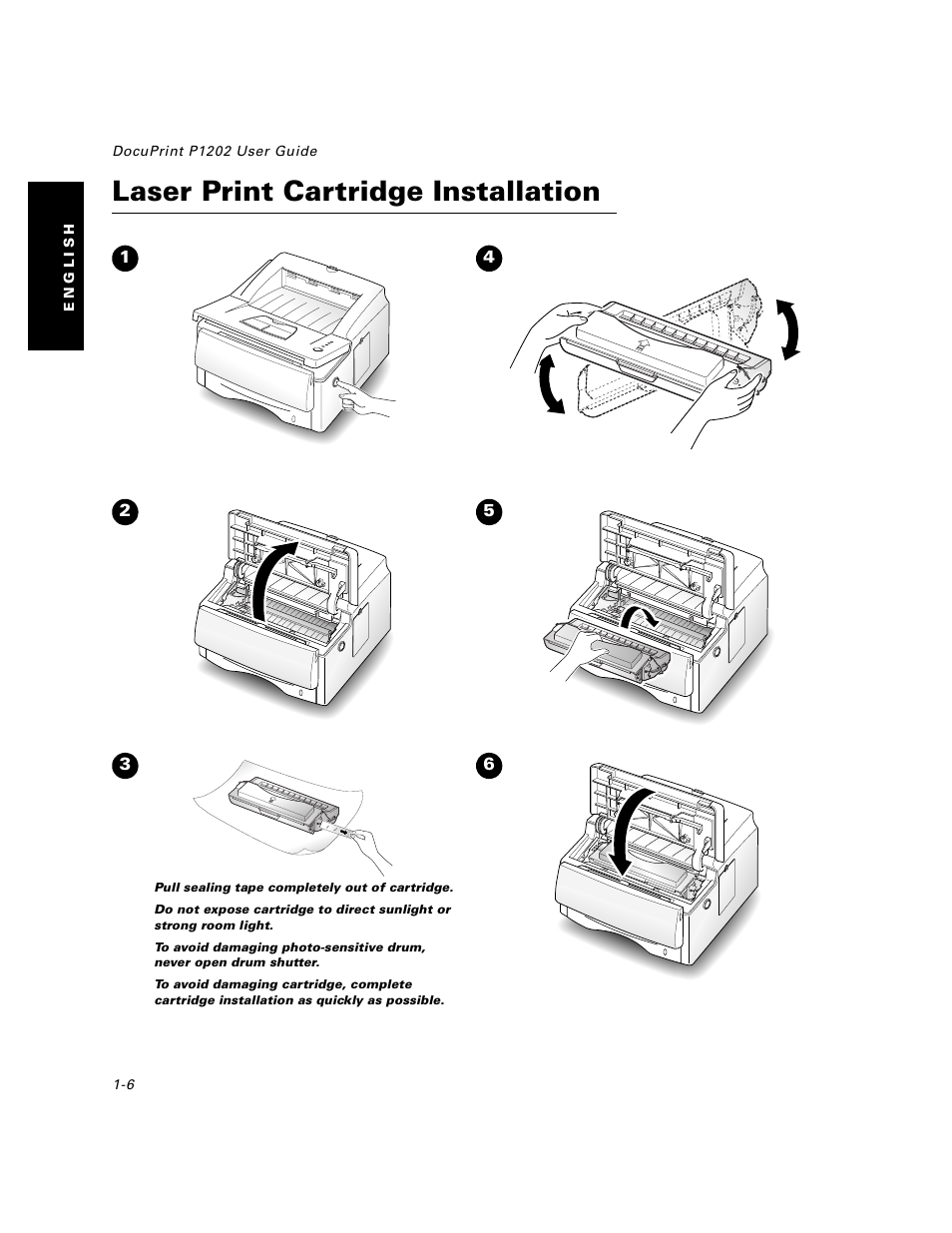 Laser print cartridge installation, Laser print cartridge installation -6 | Xerox DocuPrint P1202 User Manual | Page 6 / 24