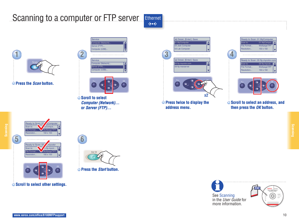 Scanning to a computer or ftp server, Ethernet | Xerox 6180MFP User Manual | Page 10 / 15