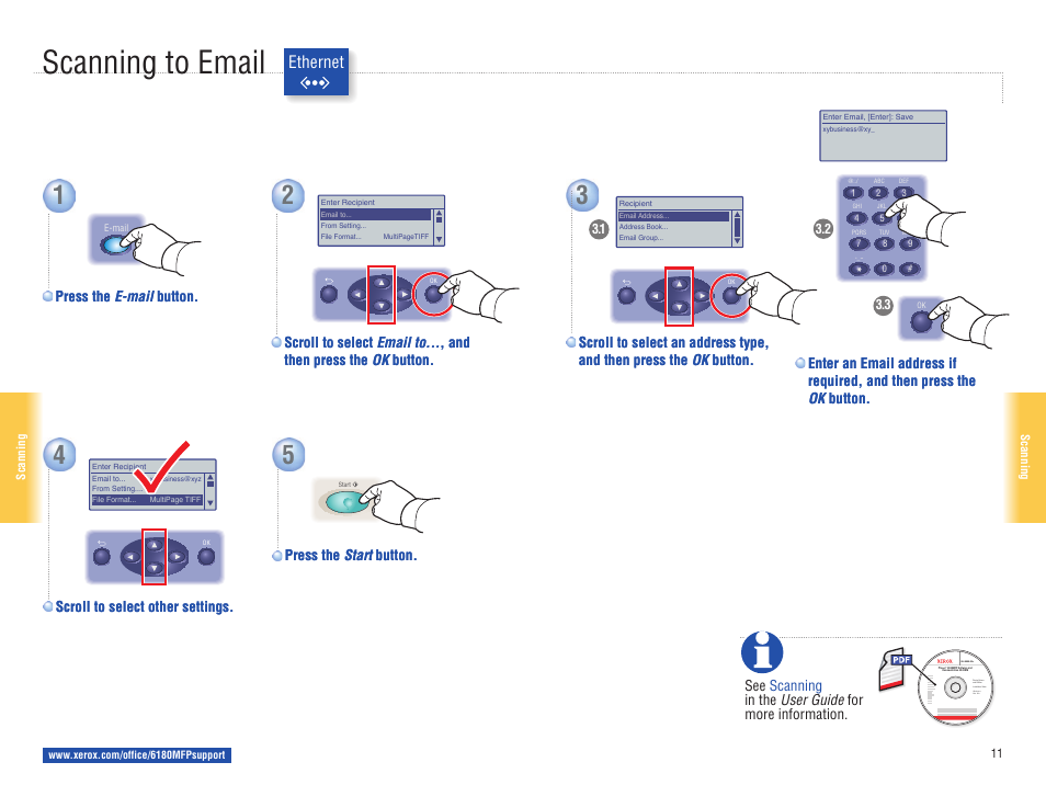 Scanning to email, Ethernet | Xerox 6180MFP User Manual | Page 11 / 15