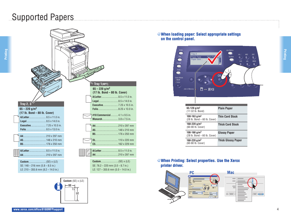 Printing, Supported papers | Xerox 6180MFP User Manual | Page 4 / 15