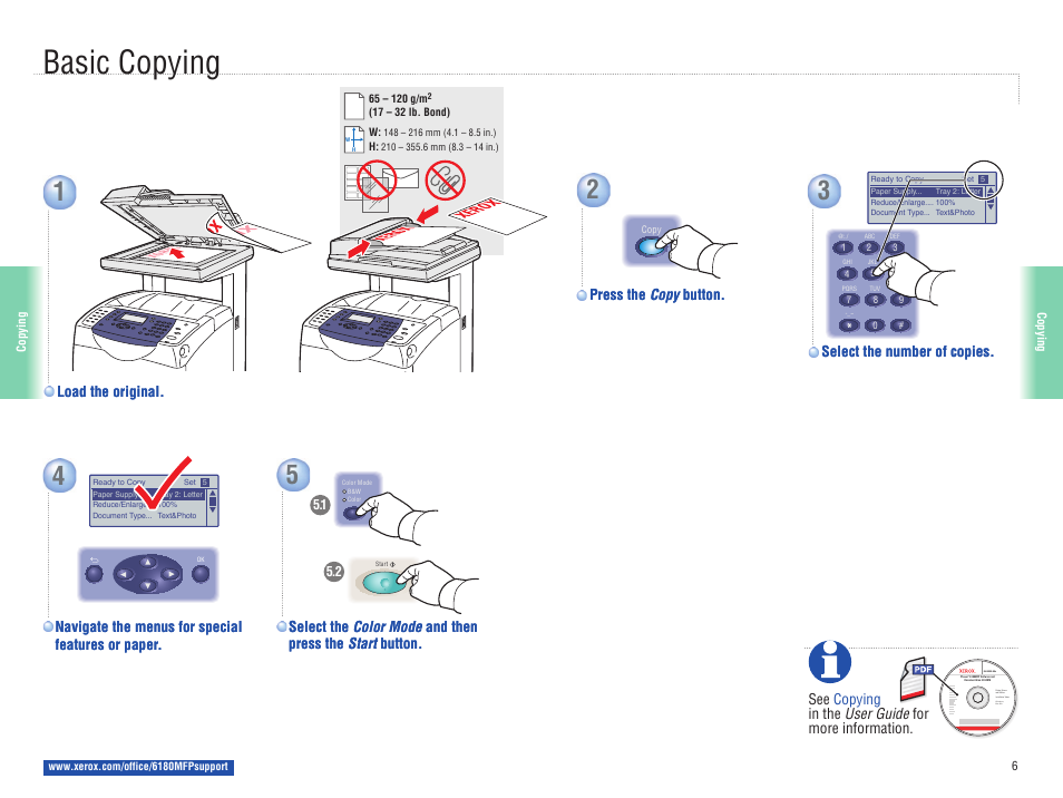 Copying, Basic copying | Xerox 6180MFP User Manual | Page 6 / 15