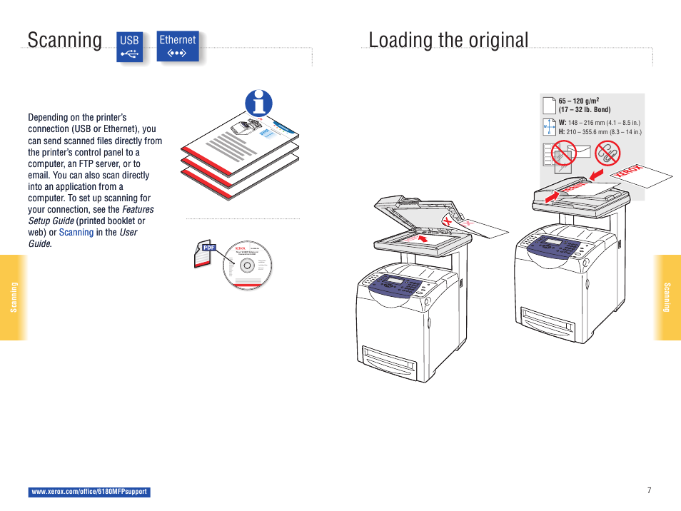 Scanning, Loading the original | Xerox 6180MFP User Manual | Page 7 / 15