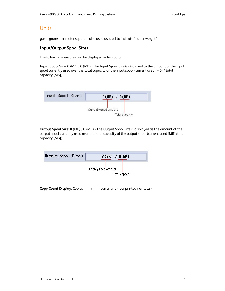 Units, Units -7, Input/output spool sizes -7 | Xerox 980 User Manual | Page 11 / 24