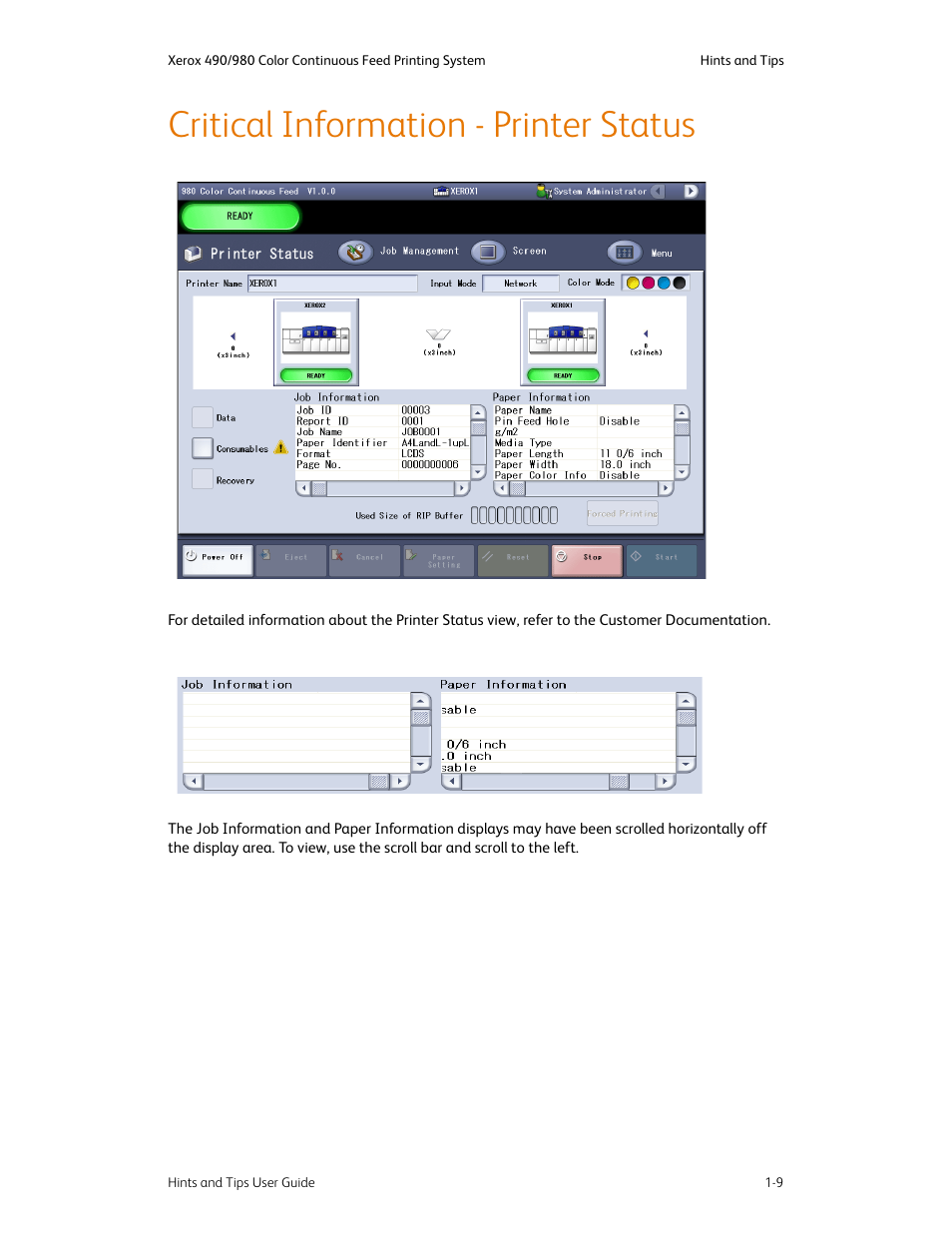 Critical information - printer status, Critical information - printer status -9 | Xerox 980 User Manual | Page 13 / 24