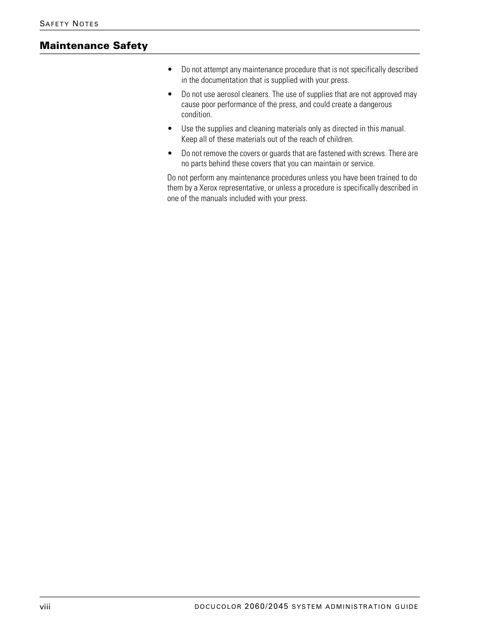 Maintenance safety | Xerox DocuColor 2045 User Manual | Page 10 / 144