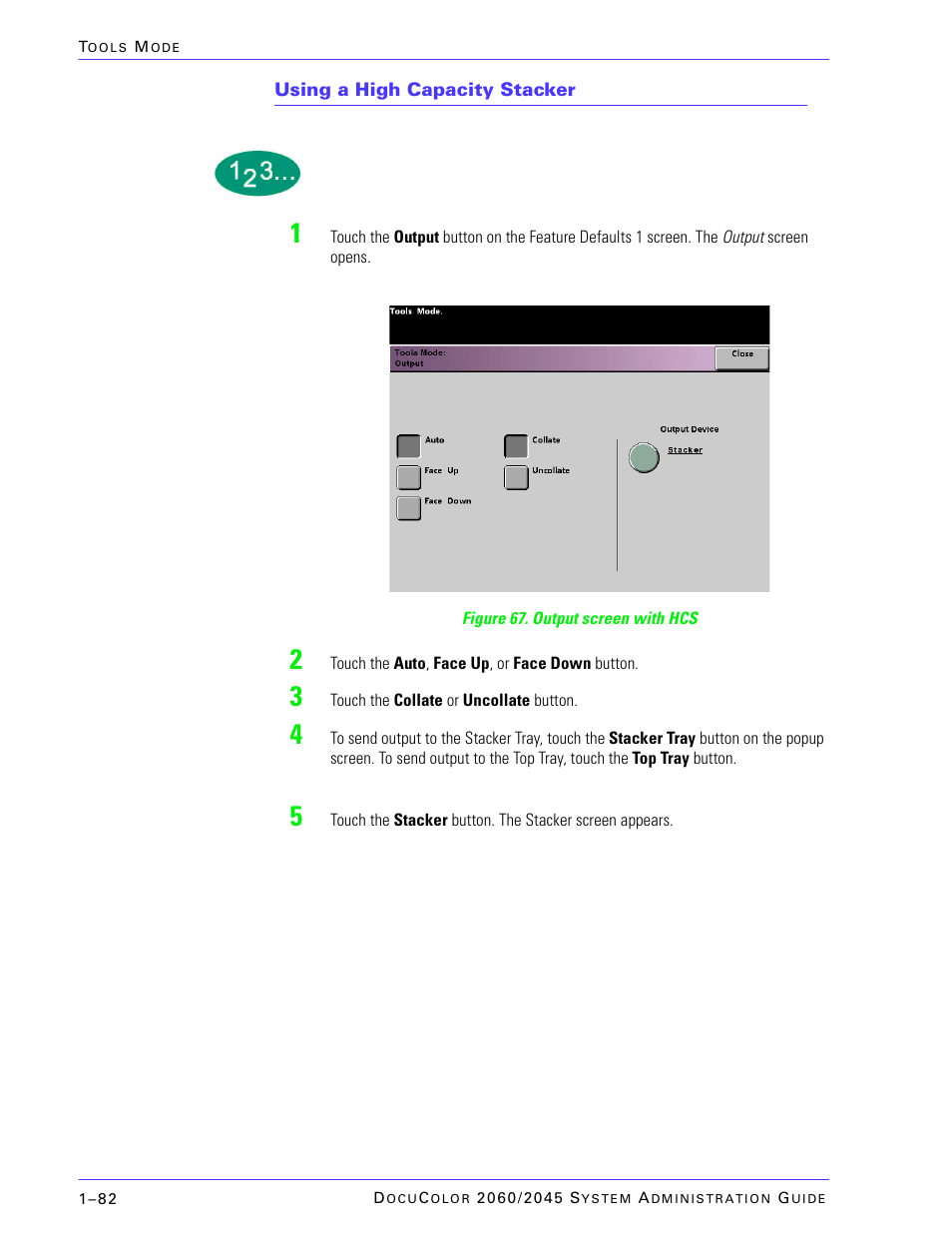 Using a high capacity stacker | Xerox DocuColor 2045 User Manual | Page 104 / 144