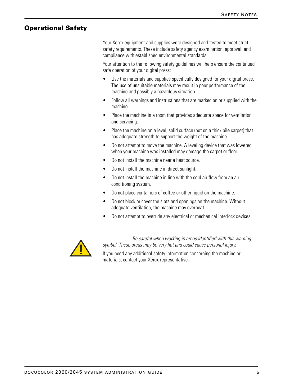 Operational safety | Xerox DocuColor 2045 User Manual | Page 11 / 144