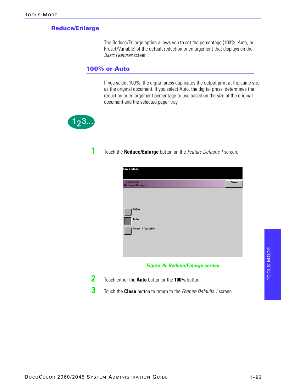 Reduce/enlarge, 100% or auto | Xerox DocuColor 2045 User Manual | Page 115 / 144