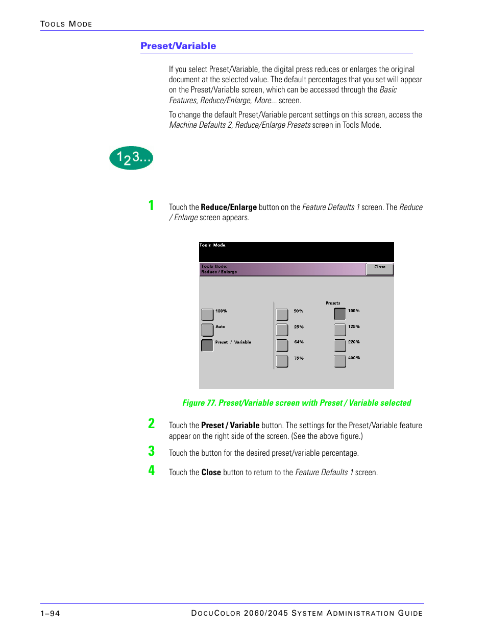 Preset/variable | Xerox DocuColor 2045 User Manual | Page 116 / 144