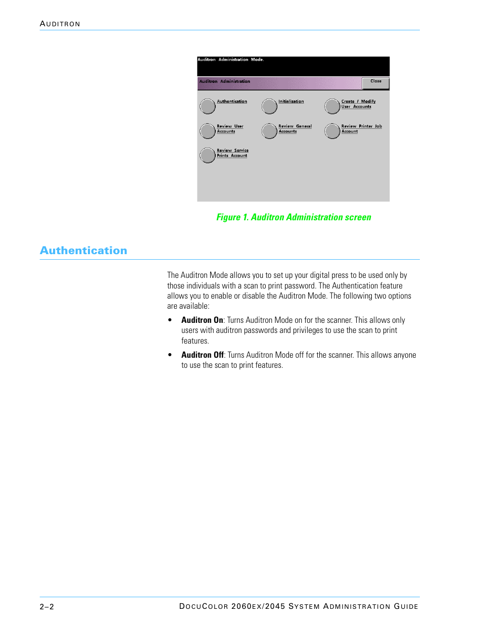 Authentication | Xerox DocuColor 2045 User Manual | Page 126 / 144