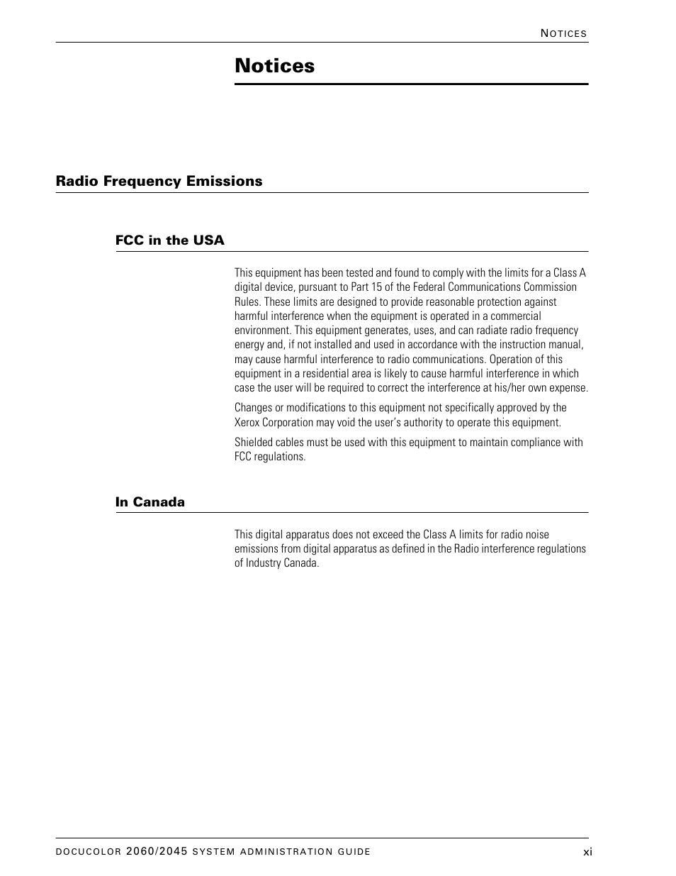 Notices, Radio frequency emissions, Fcc in the usa | In canada | Xerox DocuColor 2045 User Manual | Page 13 / 144