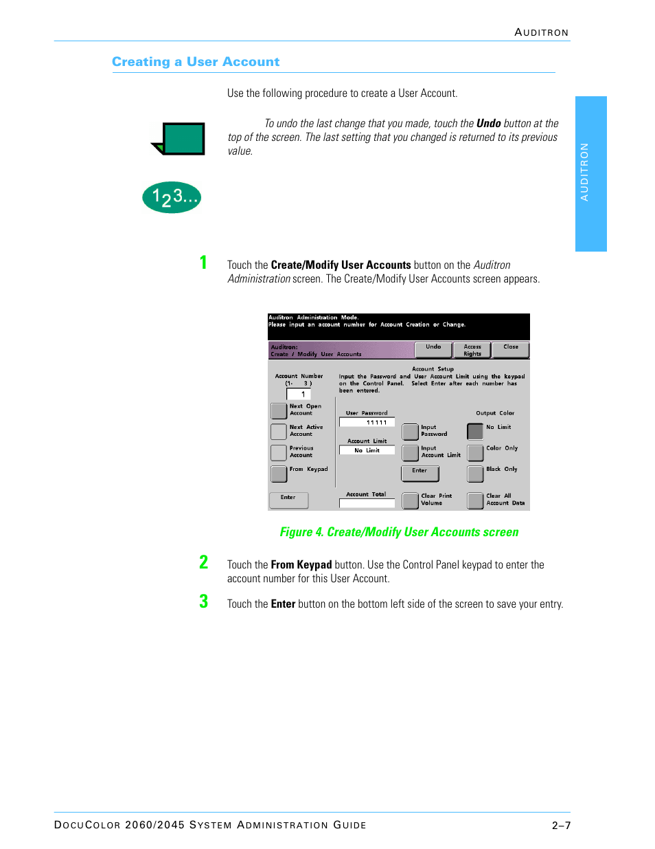Creating a user account | Xerox DocuColor 2045 User Manual | Page 131 / 144