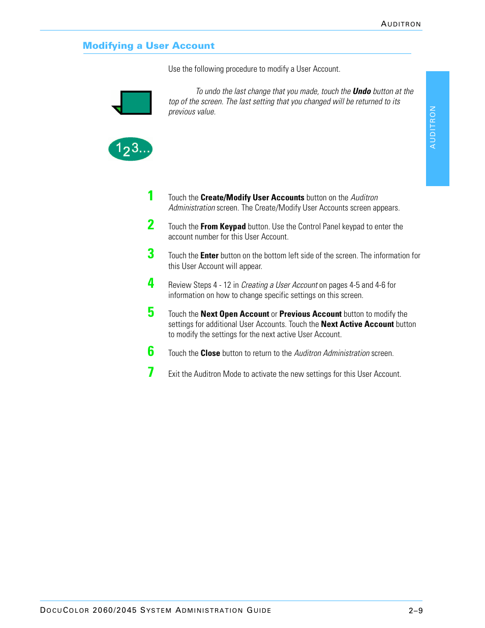 Modifying a user account | Xerox DocuColor 2045 User Manual | Page 133 / 144