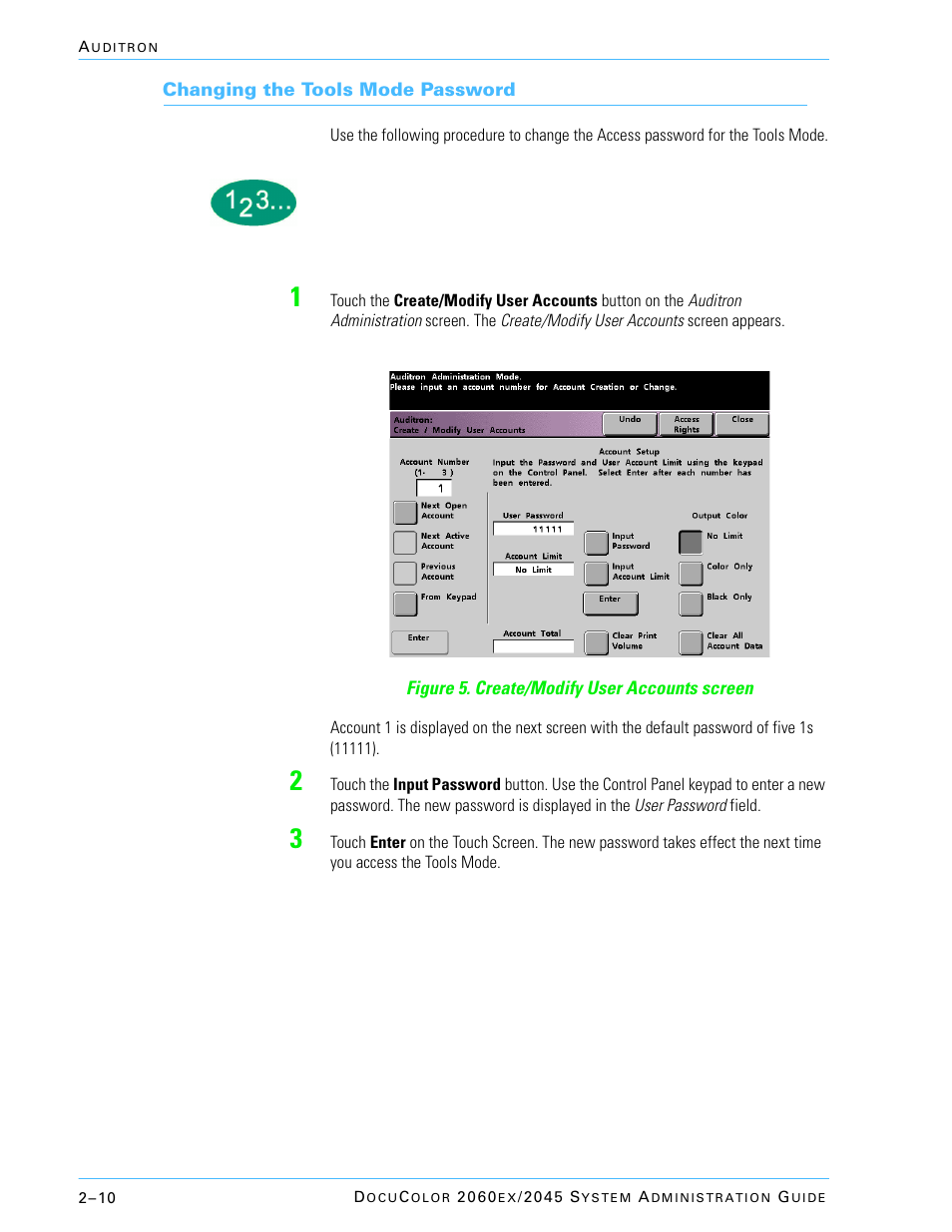 Changing the tools mode password | Xerox DocuColor 2045 User Manual | Page 134 / 144