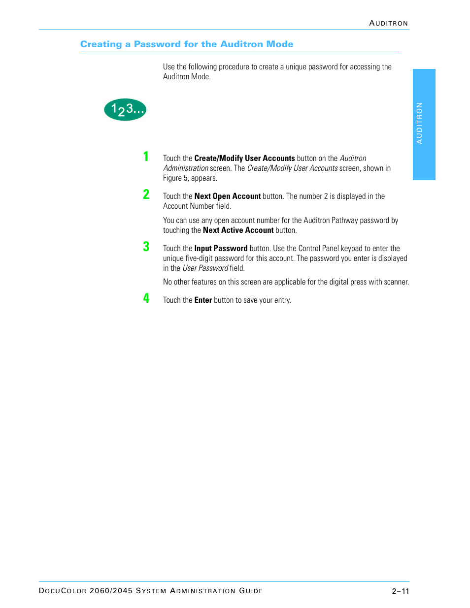 Creating a password for the auditron mode | Xerox DocuColor 2045 User Manual | Page 135 / 144