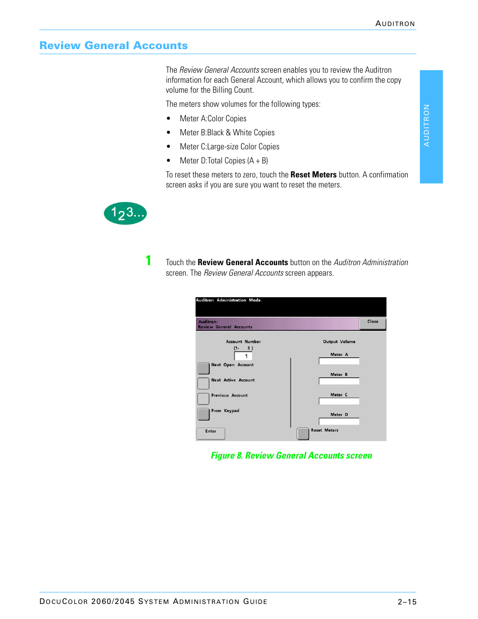 Review general accounts | Xerox DocuColor 2045 User Manual | Page 139 / 144