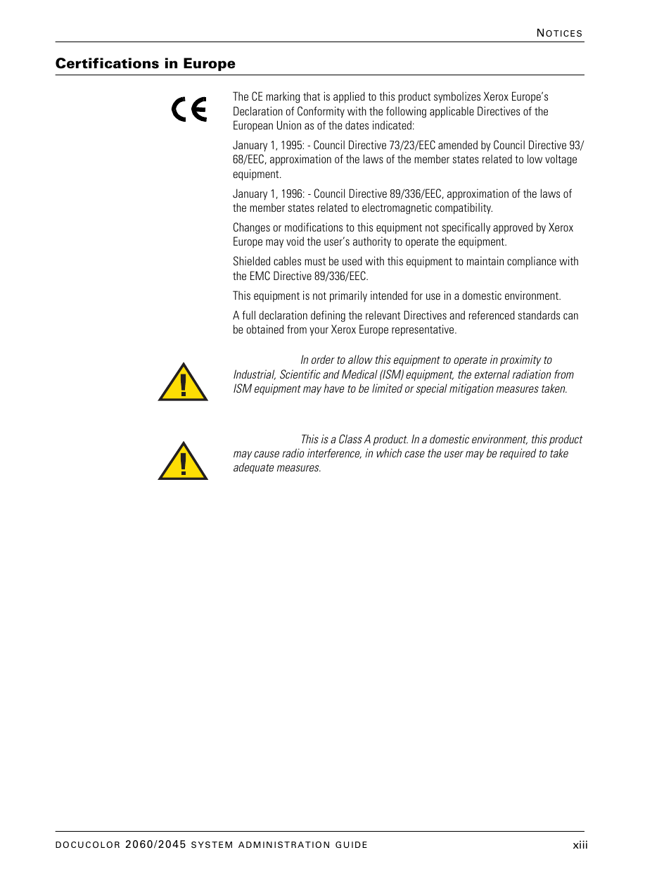 Certifications in europe | Xerox DocuColor 2045 User Manual | Page 15 / 144