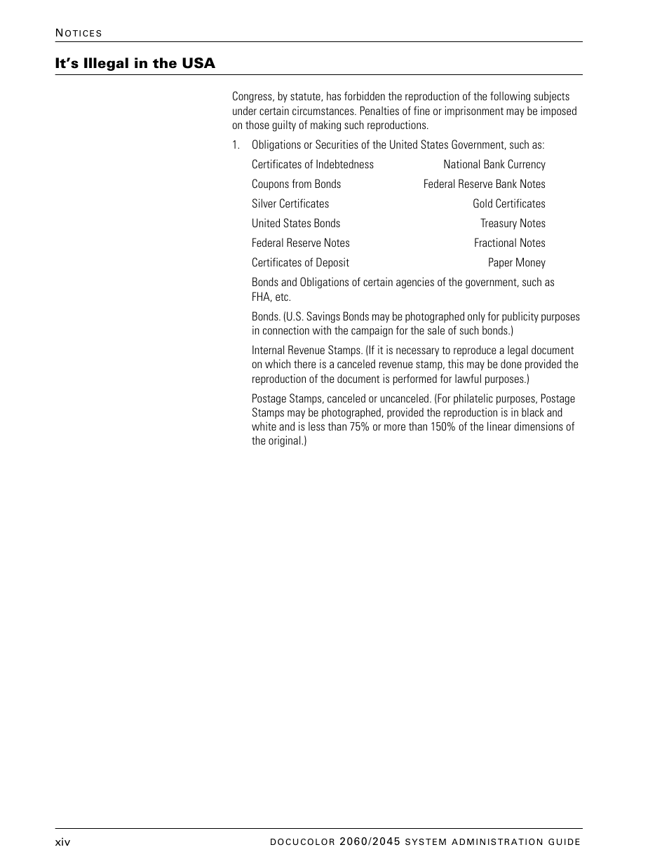 It’s illegal in the usa | Xerox DocuColor 2045 User Manual | Page 16 / 144