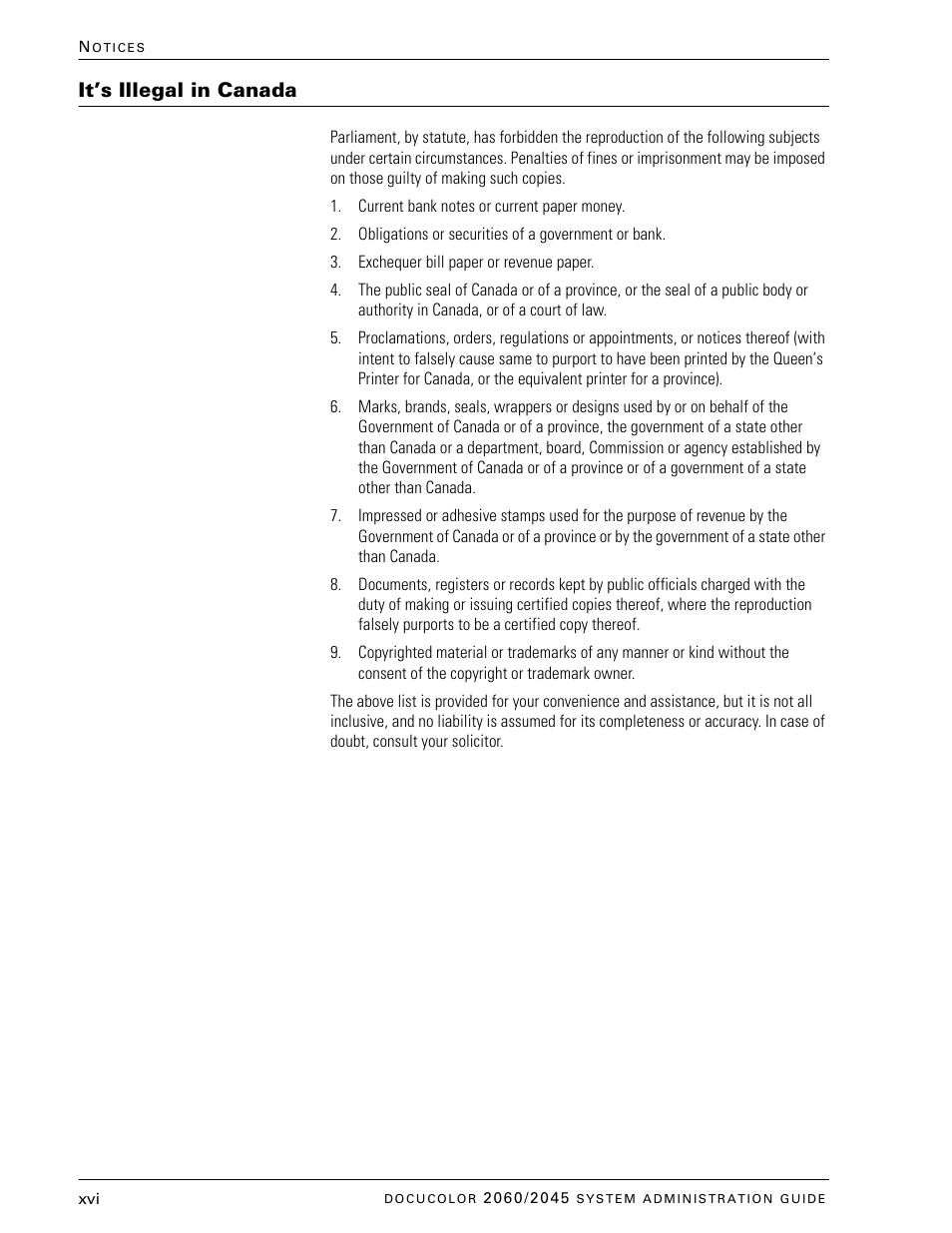 It’s illegal in canada | Xerox DocuColor 2045 User Manual | Page 18 / 144
