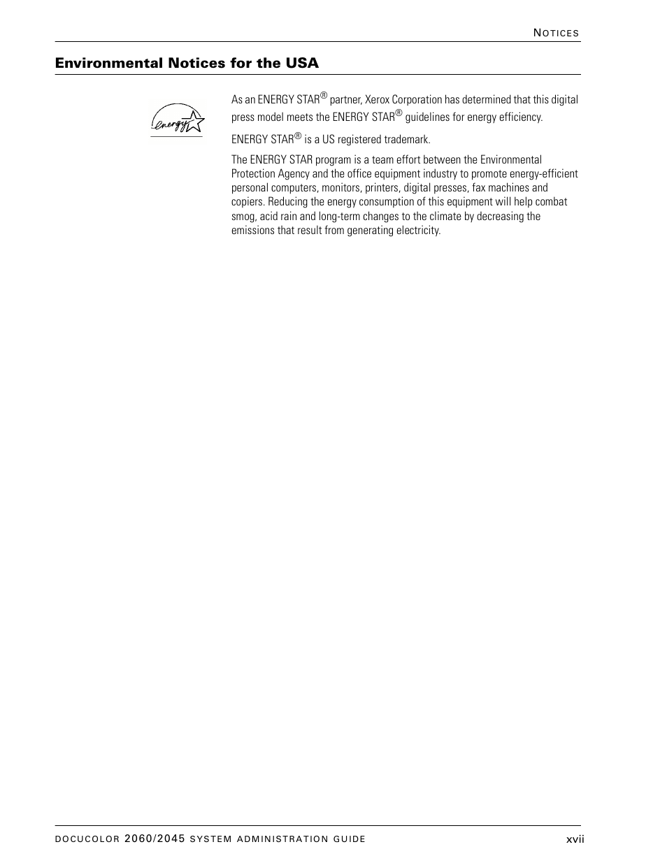 Environmental notices for the usa | Xerox DocuColor 2045 User Manual | Page 19 / 144