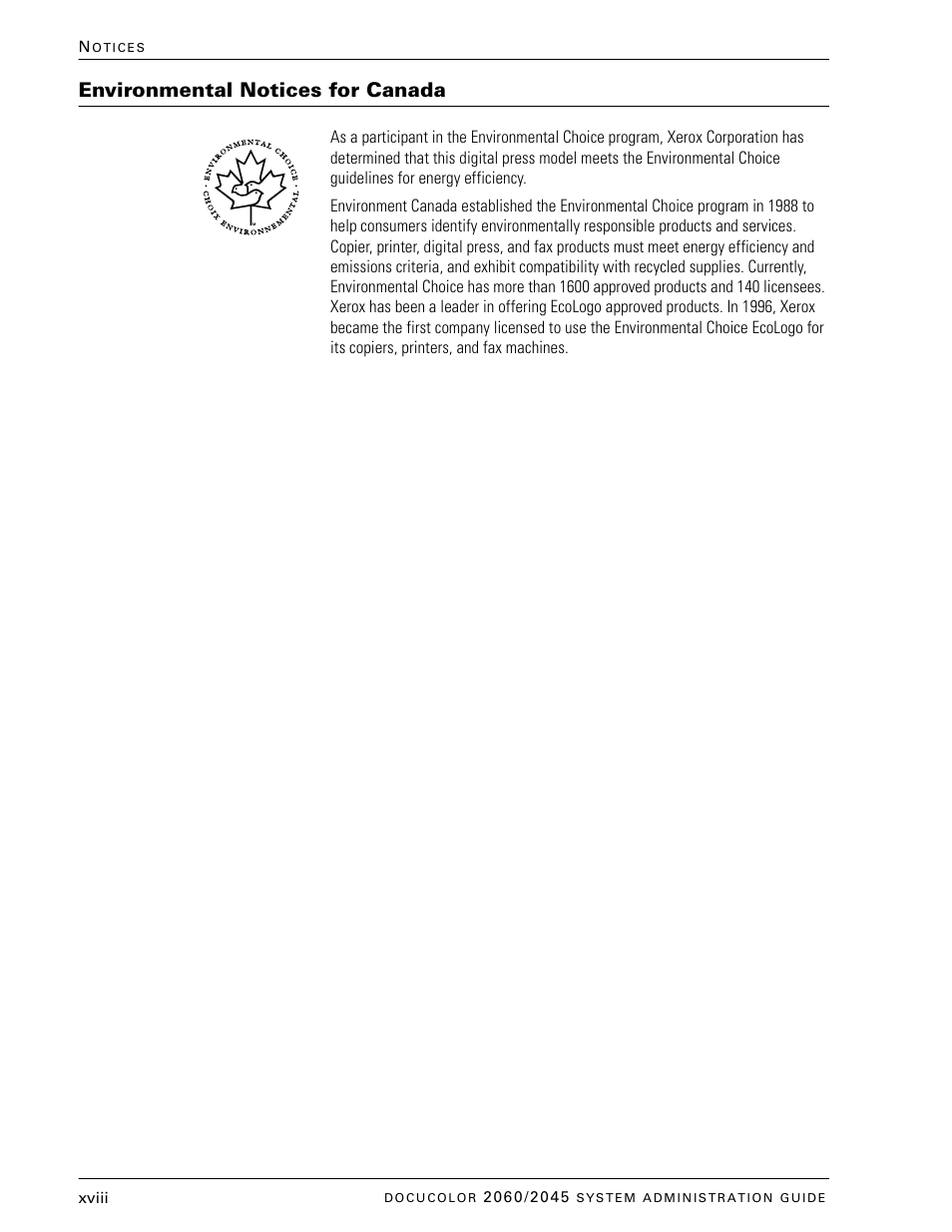 Environmental notices for canada | Xerox DocuColor 2045 User Manual | Page 20 / 144