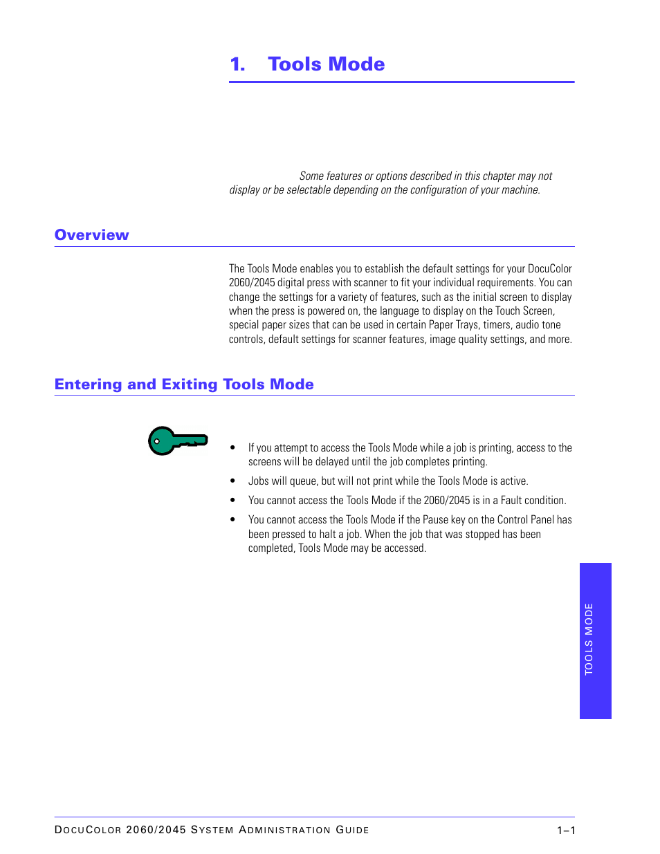 Tools mode, Overview, Entering and exiting tools mode | Xerox DocuColor 2045 User Manual | Page 23 / 144