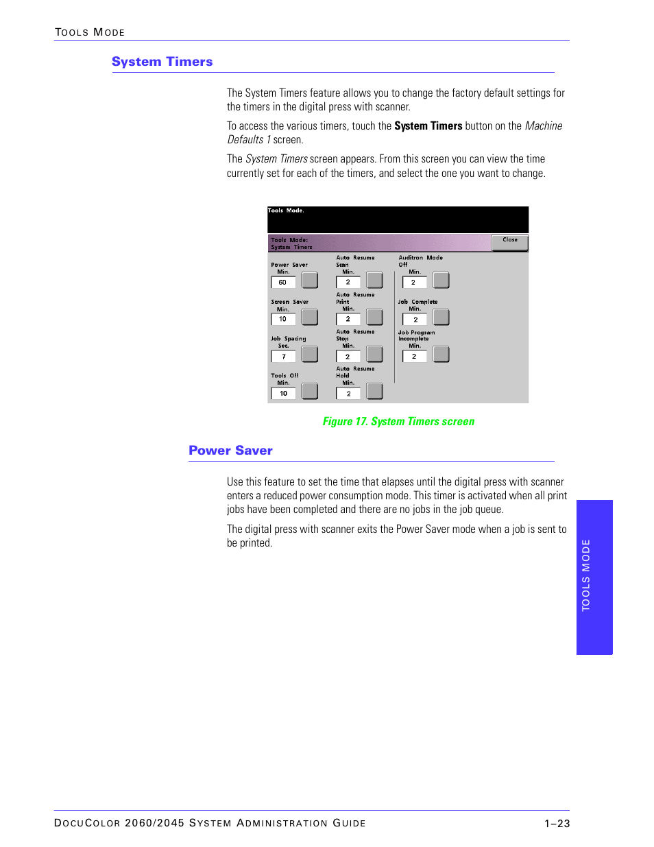 System timers, Power saver | Xerox DocuColor 2045 User Manual | Page 45 / 144