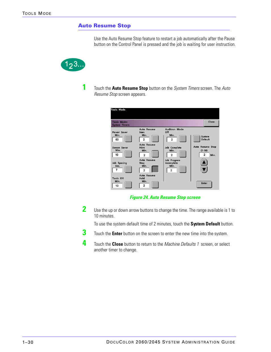Auto resume stop | Xerox DocuColor 2045 User Manual | Page 52 / 144