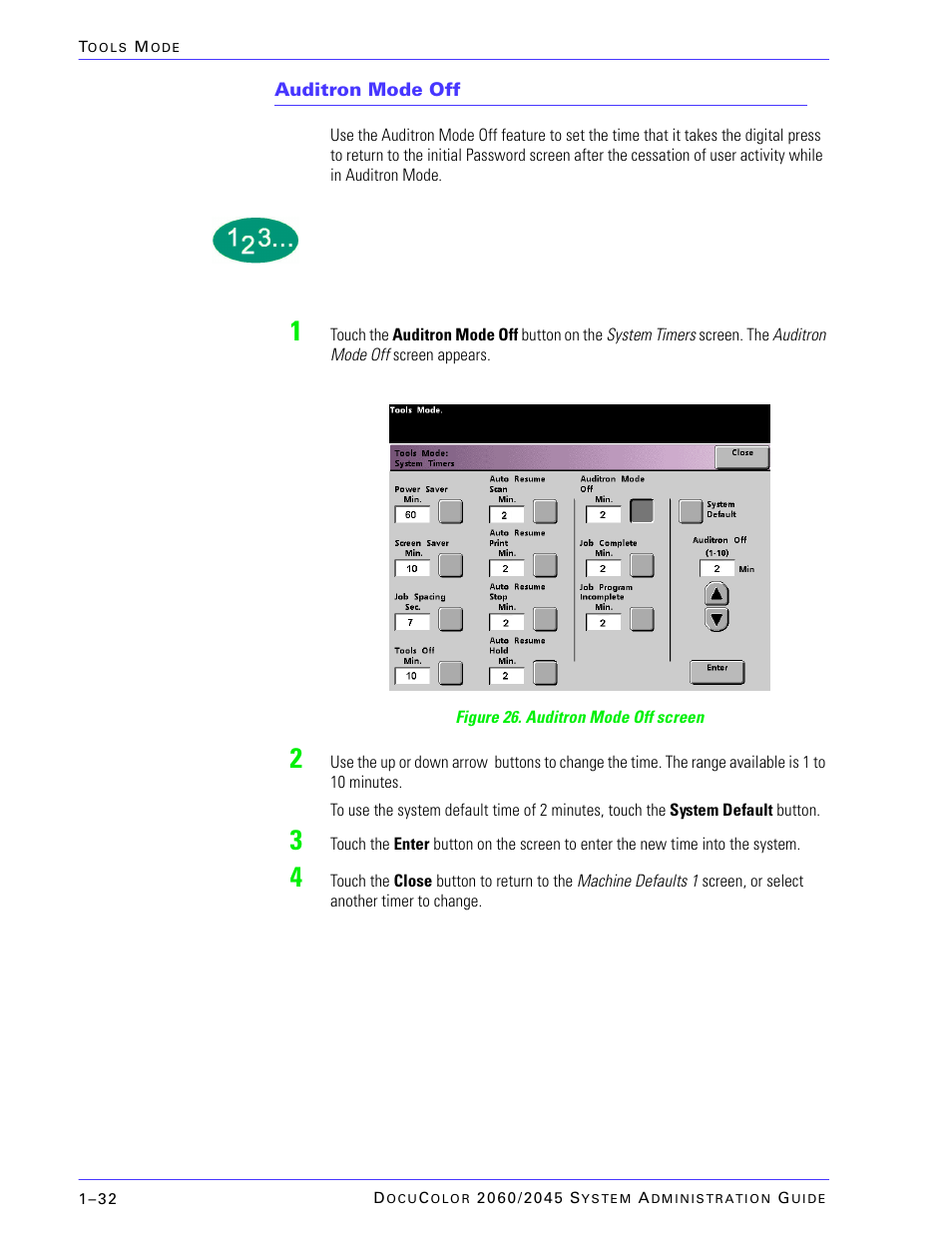 Auditron mode off | Xerox DocuColor 2045 User Manual | Page 54 / 144
