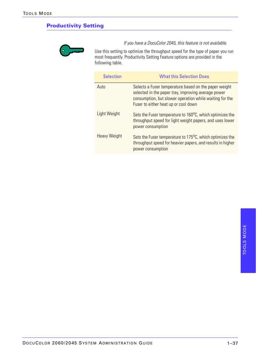 Productivity setting | Xerox DocuColor 2045 User Manual | Page 59 / 144