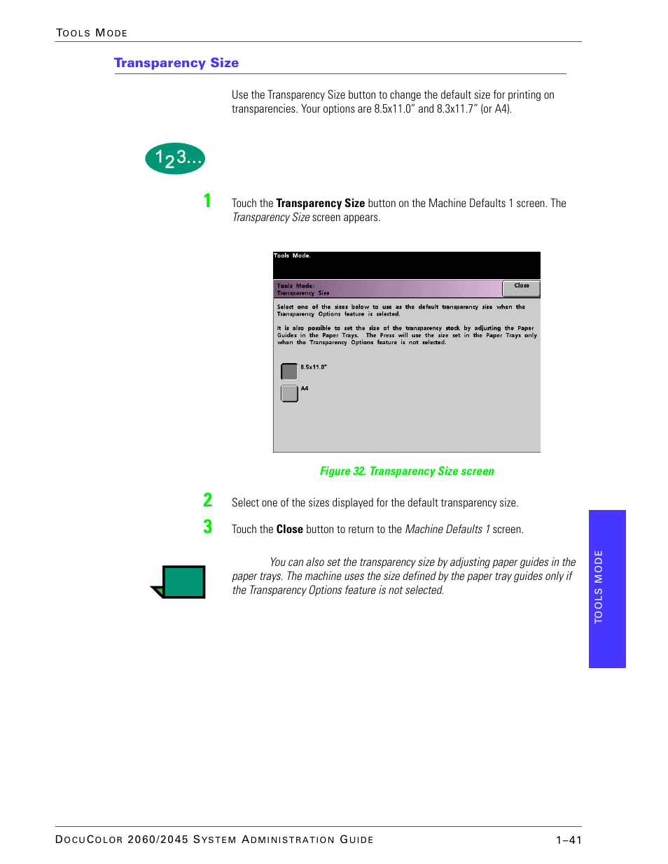 Transparency size | Xerox DocuColor 2045 User Manual | Page 63 / 144