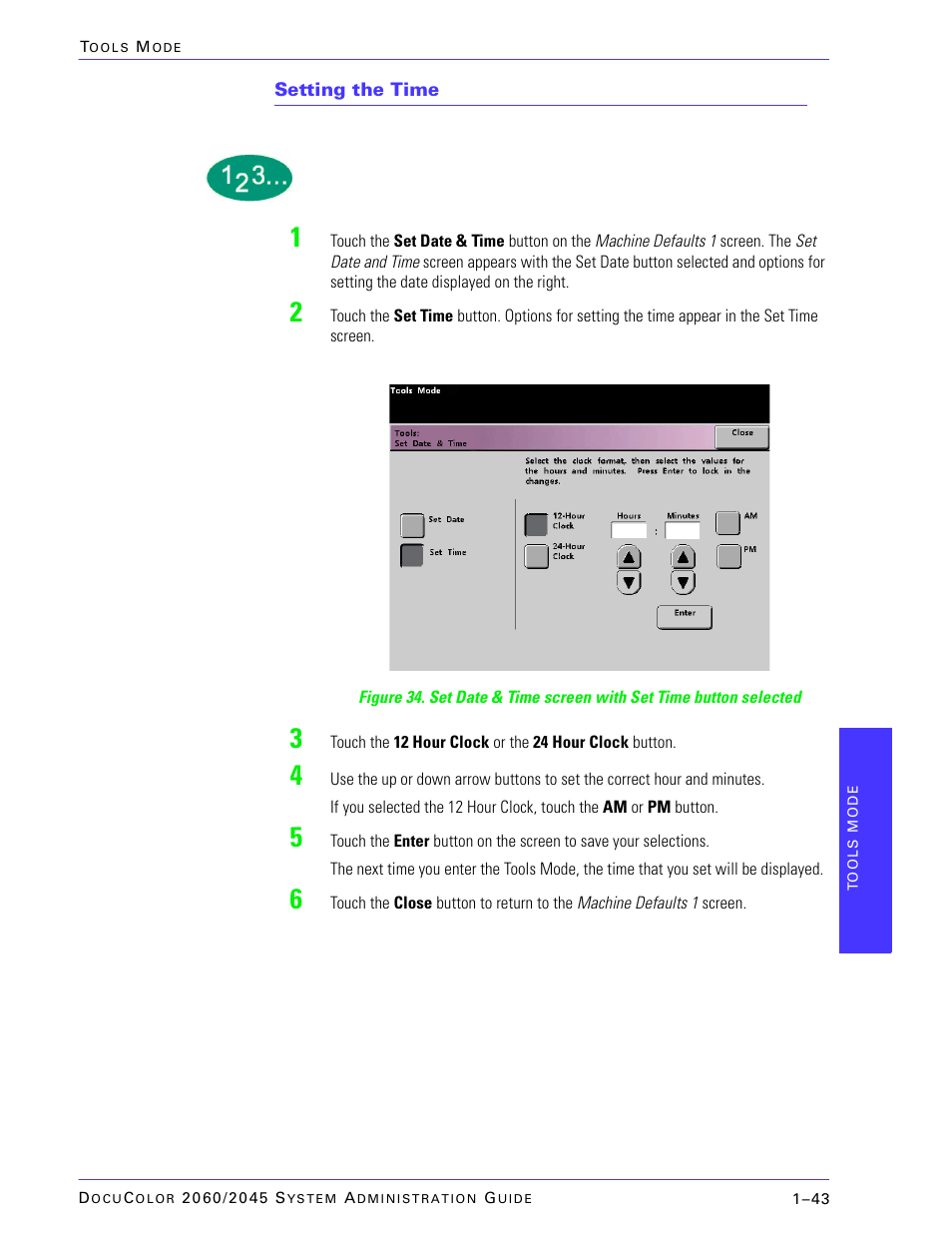 Setting the time | Xerox DocuColor 2045 User Manual | Page 65 / 144