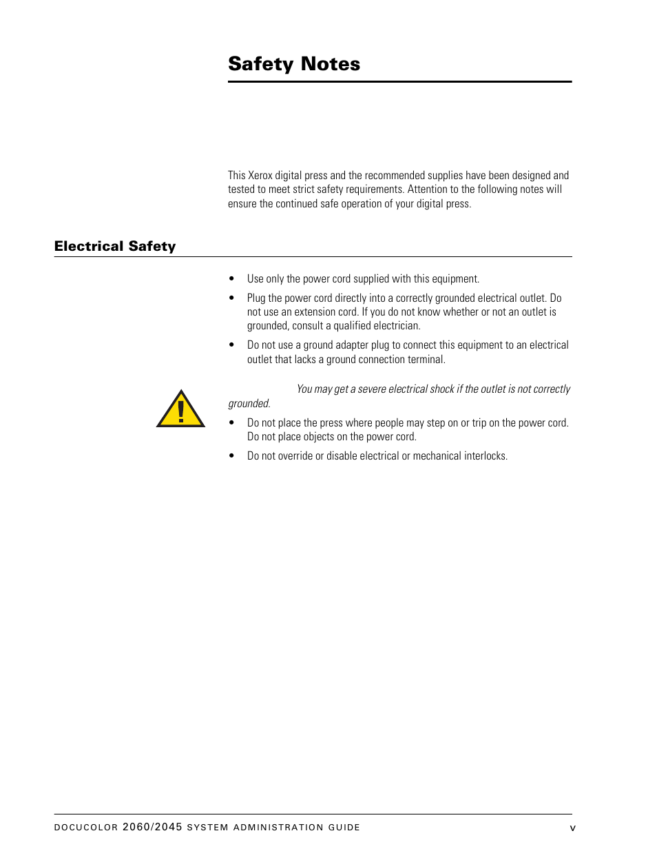 Safety notes, Electrical safety | Xerox DocuColor 2045 User Manual | Page 7 / 144