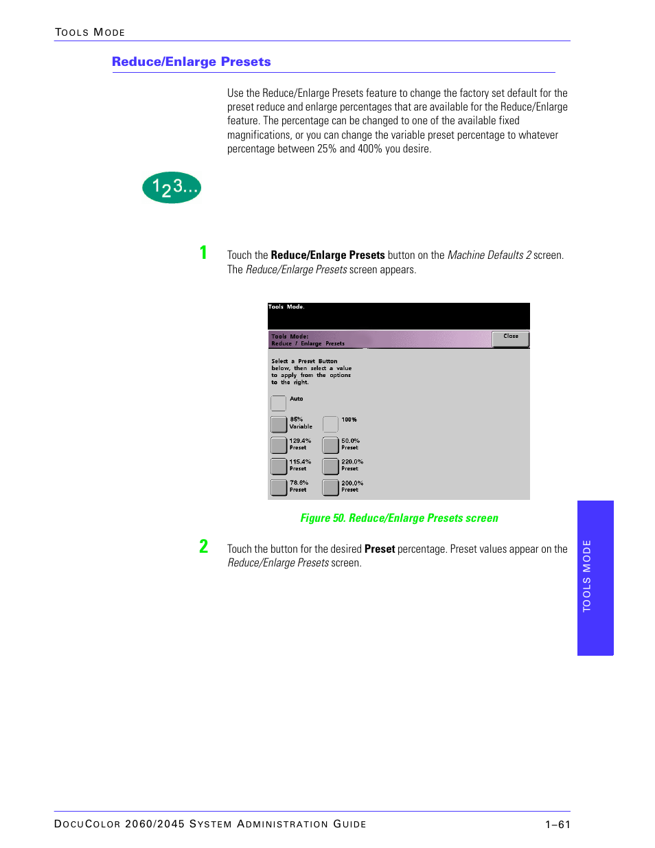 Reduce/enlarge presets | Xerox DocuColor 2045 User Manual | Page 83 / 144