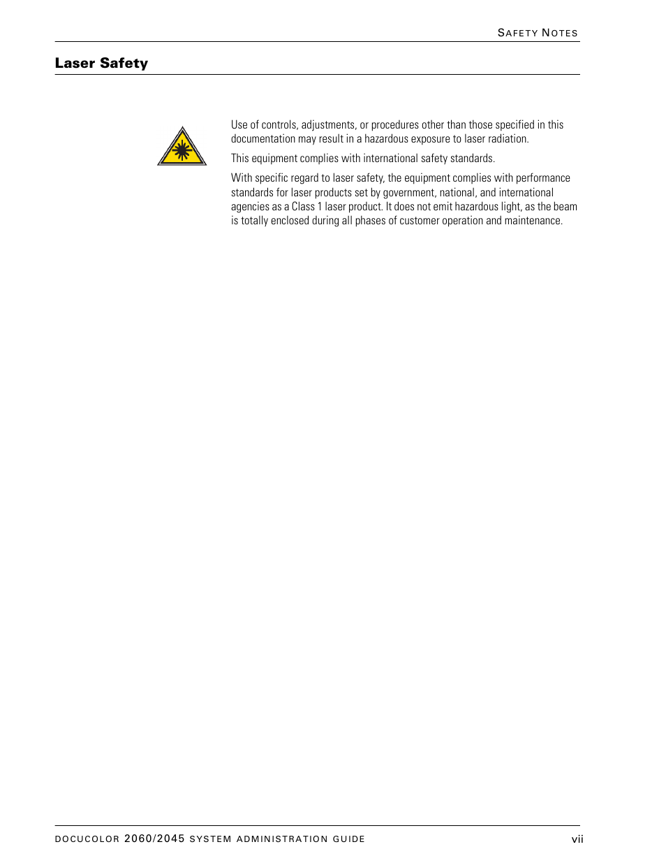 Laser safety | Xerox DocuColor 2045 User Manual | Page 9 / 144
