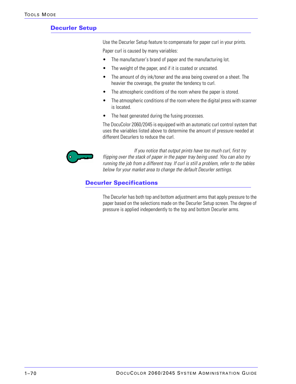 Decurler setup, Decurler specifications | Xerox DocuColor 2045 User Manual | Page 92 / 144