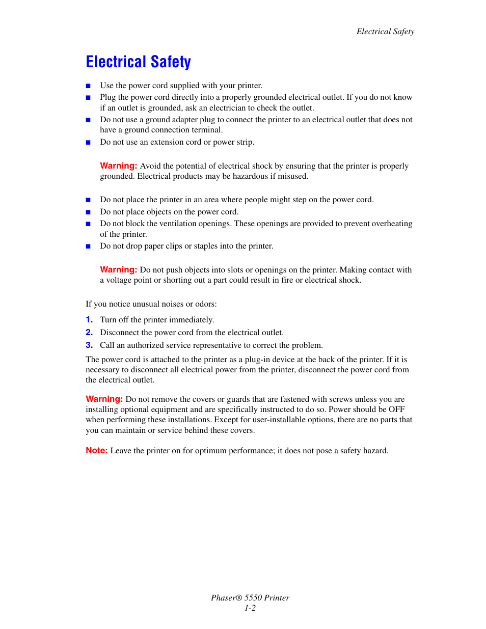 Electrical safety, Electrical safety -2 | Xerox 5550 User Manual | Page 10 / 237