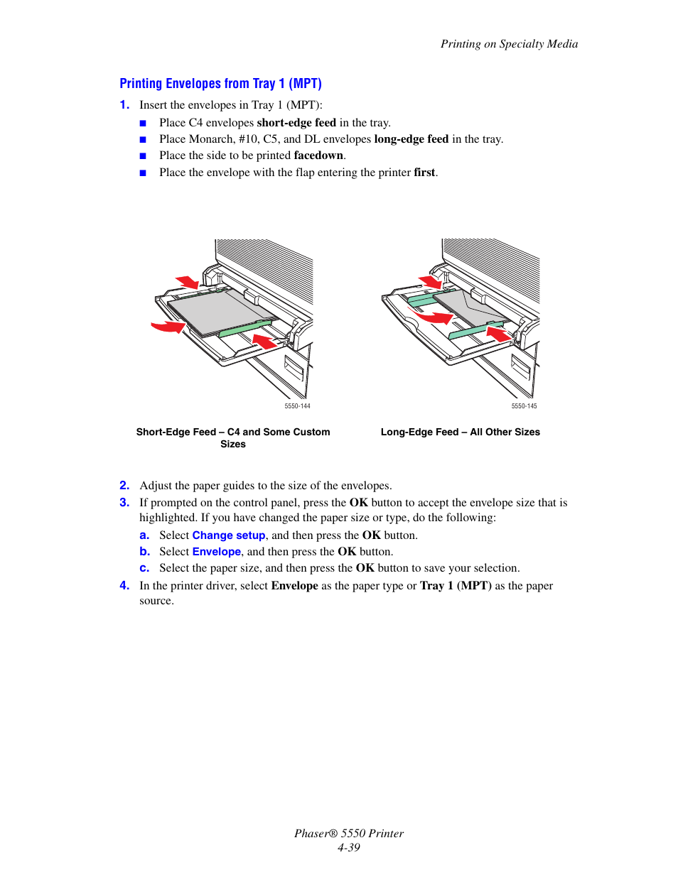 Printing envelopes from tray 1 (mpt) | Xerox 5550 User Manual | Page 100 / 237