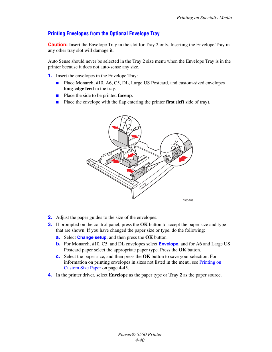 Printing envelopes from the optional envelope tray | Xerox 5550 User Manual | Page 101 / 237