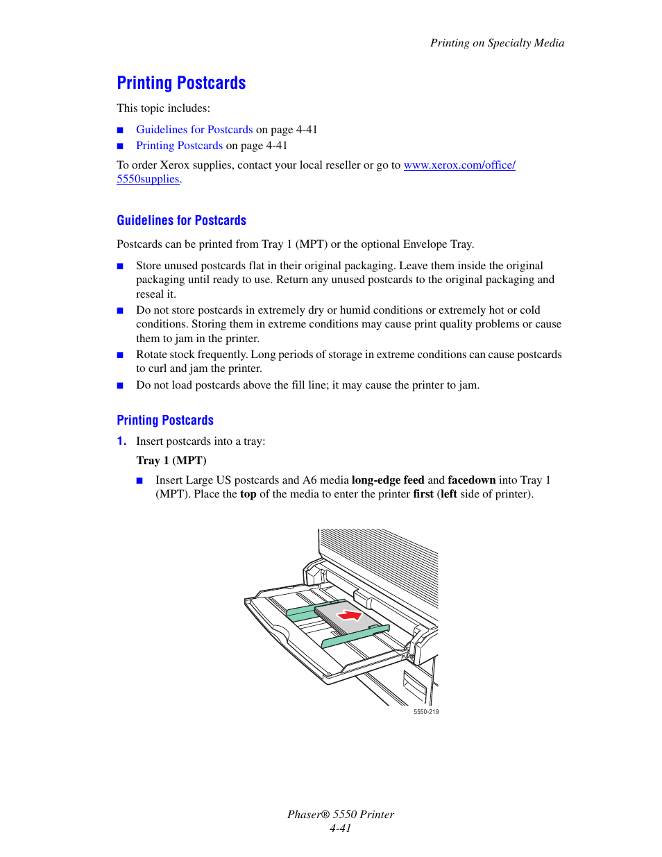 Printing postcards, Printing postcards -41 | Xerox 5550 User Manual | Page 102 / 237