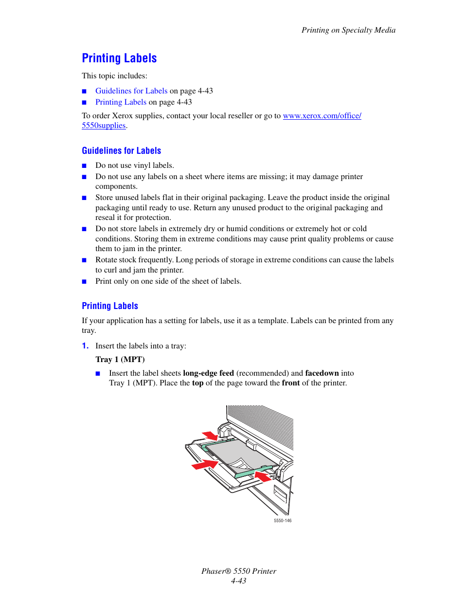 Printing labels, Printing labels -43 | Xerox 5550 User Manual | Page 104 / 237