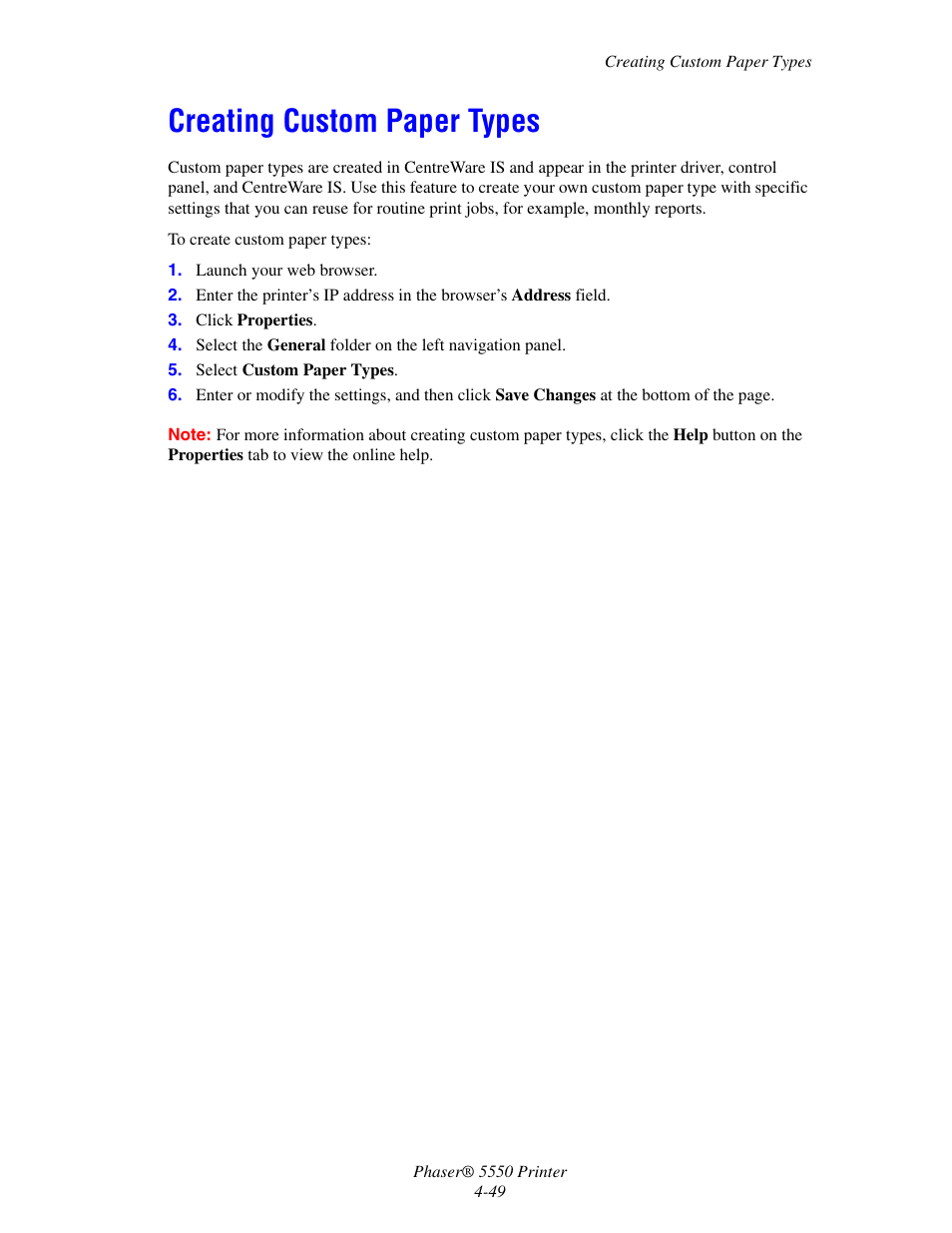 Creating custom paper types, Creating custom paper types -49 | Xerox 5550 User Manual | Page 110 / 237