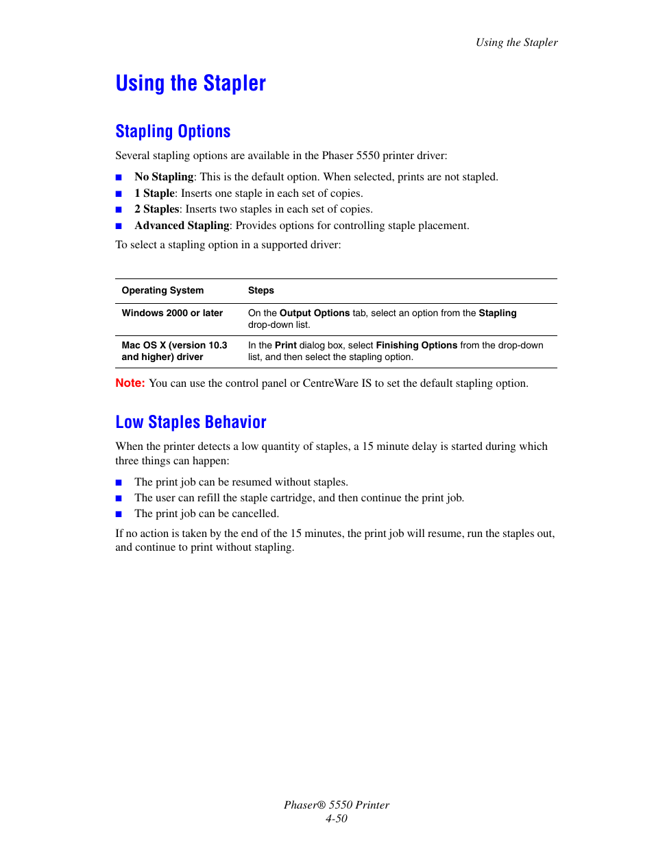 Using the stapler, Stapling options, Low staples behavior | Using the stapler -50, Stapling options -50 low staples behavior -50 | Xerox 5550 User Manual | Page 111 / 237