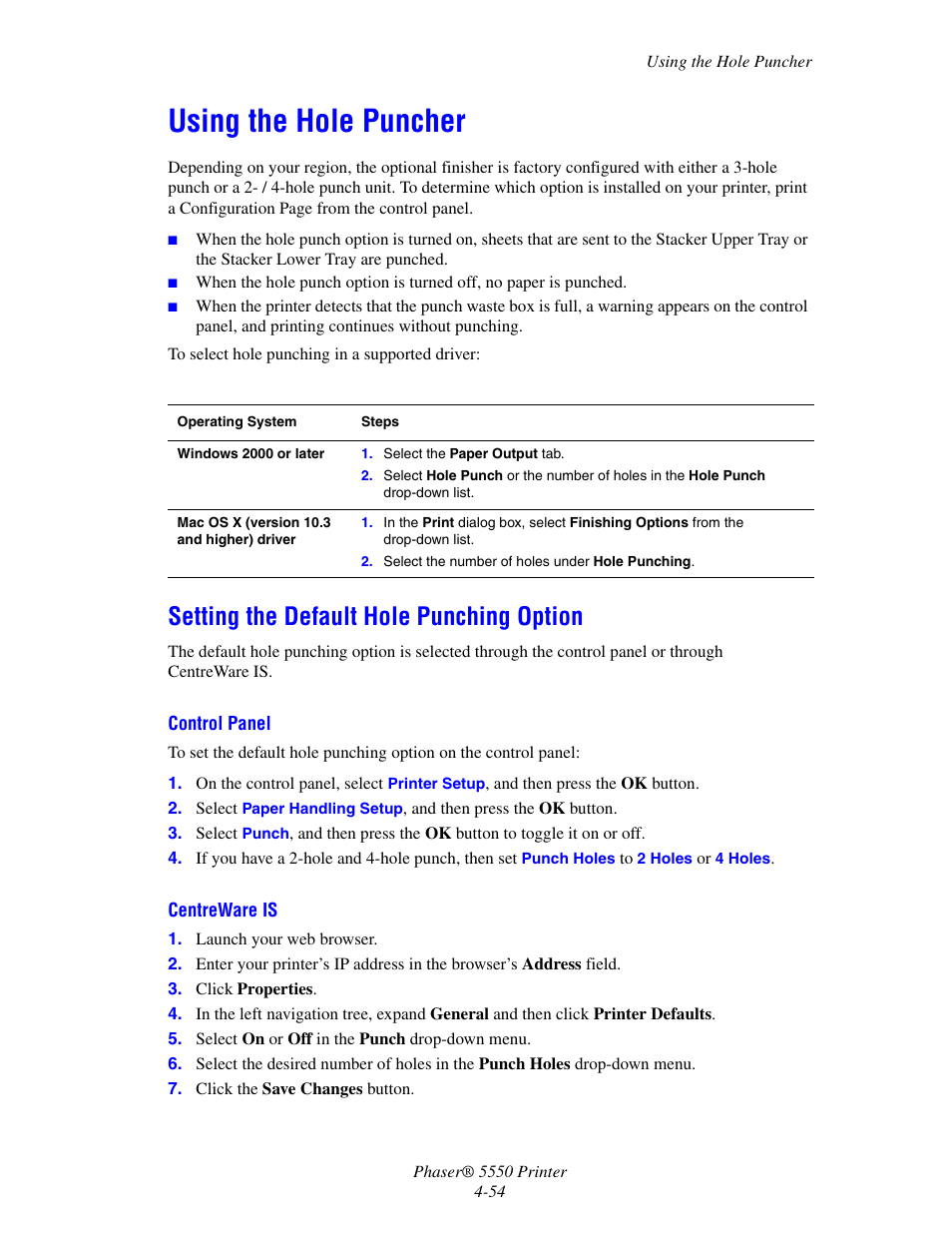 Using the hole puncher, Setting the default hole punching option, Using the hole puncher -54 | Setting the default hole punching option -54 | Xerox 5550 User Manual | Page 115 / 237