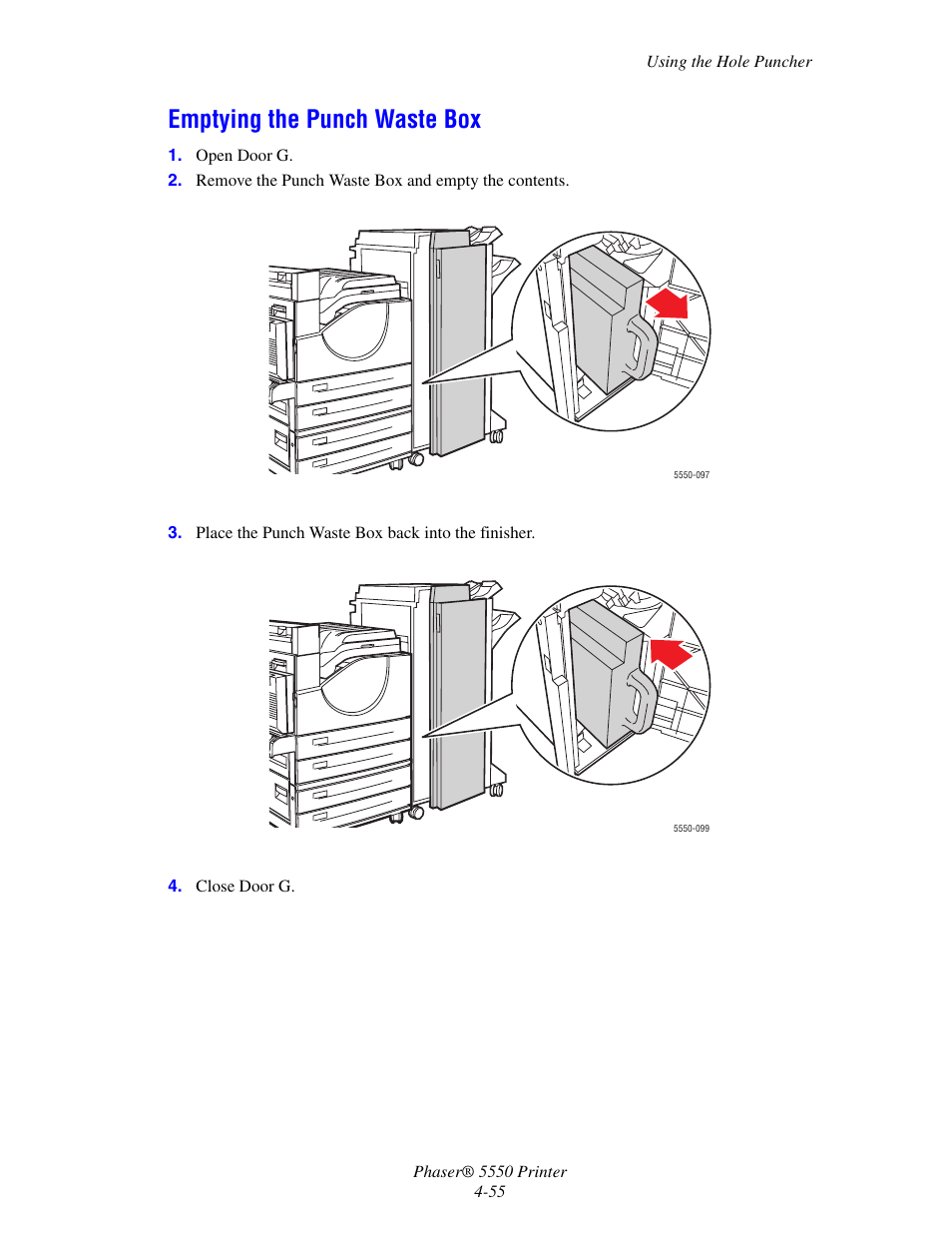 Emptying the punch waste box, Emptying the punch waste box -55 | Xerox 5550 User Manual | Page 116 / 237
