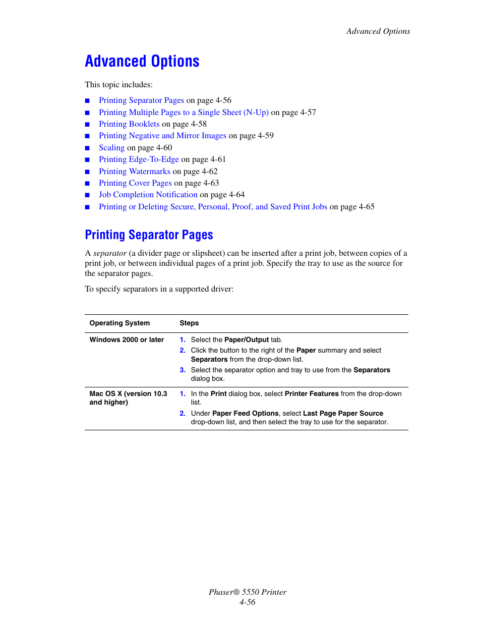 Advanced options, Advanced options -56, Printing separator pages | Xerox 5550 User Manual | Page 117 / 237